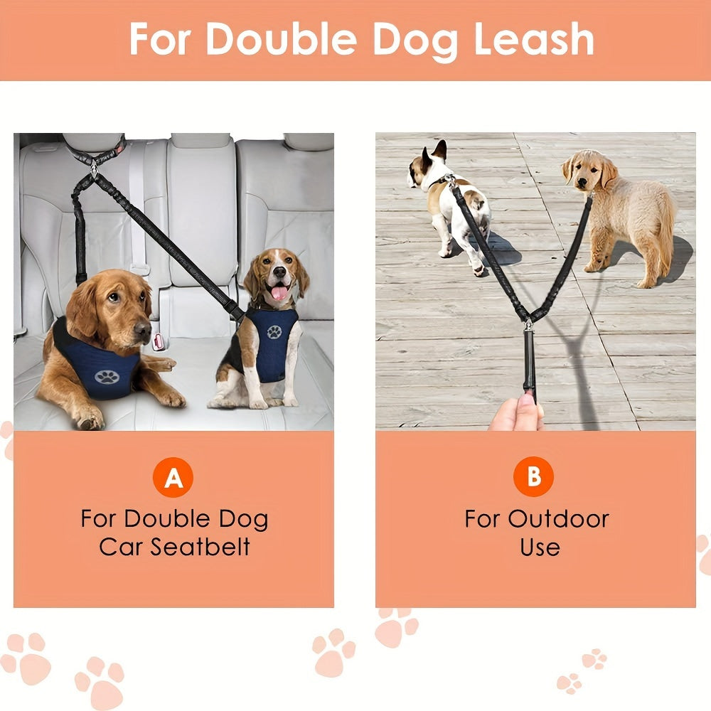 Dual Dog Car Seat Belt for 2 Dogs – No-Tangle Headrest Restraint with Adjustable Bungee, Safe Pet Car Safety Harness for Small Medium Large Dogs, Black Pink Red