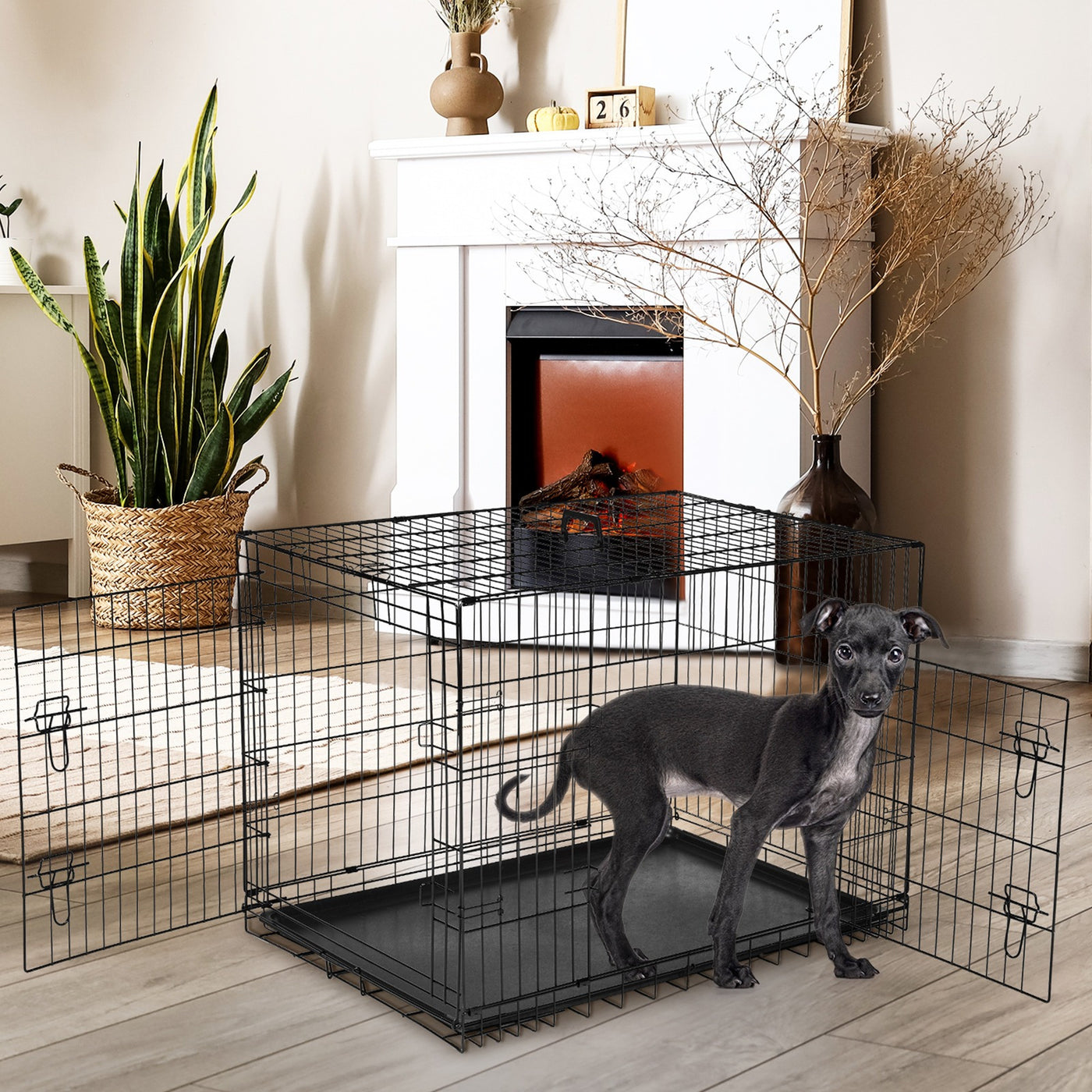 Folding Wire Dog Crate with Divider Double Door Leak-Proof Tray Indoor Outdoor Travel Kennel for Small Medium Large Dogs 24 30 Inch