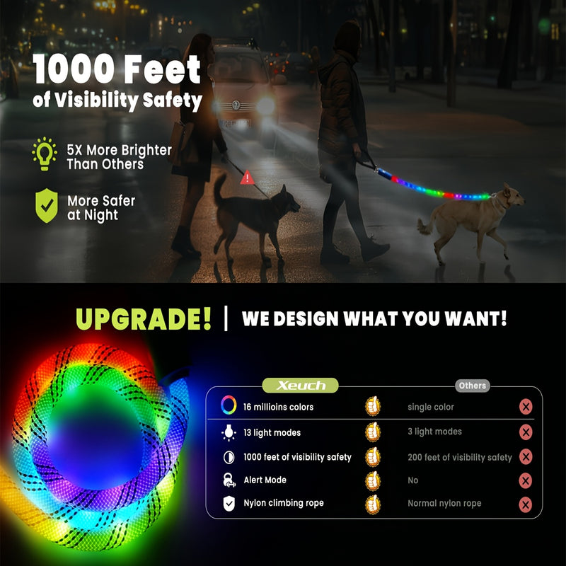 LED Light Up Dog Leash 4Ft Rechargeable with 13 Lighting Modes & Tangle-Free Hook for Night Walking - Glow in the Dark Safety Leash for Small Medium Large Dogs