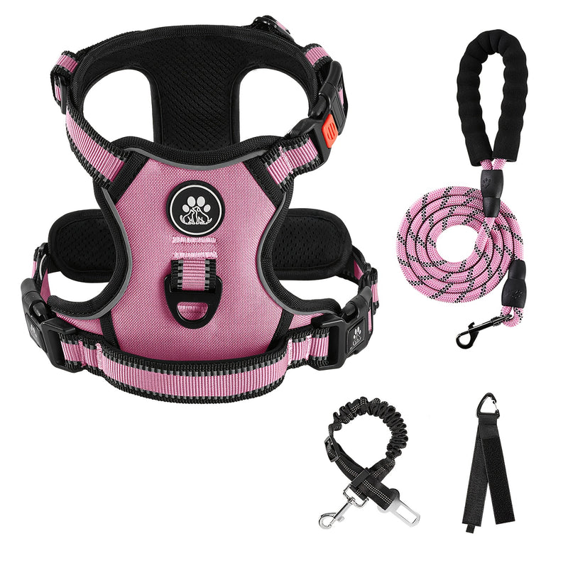 Complete Dog Walking Set – No-Pull Harness + Collar + Leash + Retractable Seatbelt + Storage Strap, Fully Reflective Breathable Vest with Handle for Small & Large Dogs, Sizes XS-XL
