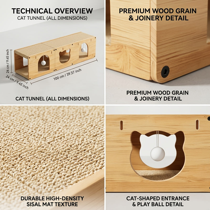Cat Scratcher Tunnel Bed with Wood Frame Extra Large Donut Cat Tunnel with Scratching Board & Plush Balls - Anti-Scratch Toy for Medium & Large Cats, Cardboard Cat House