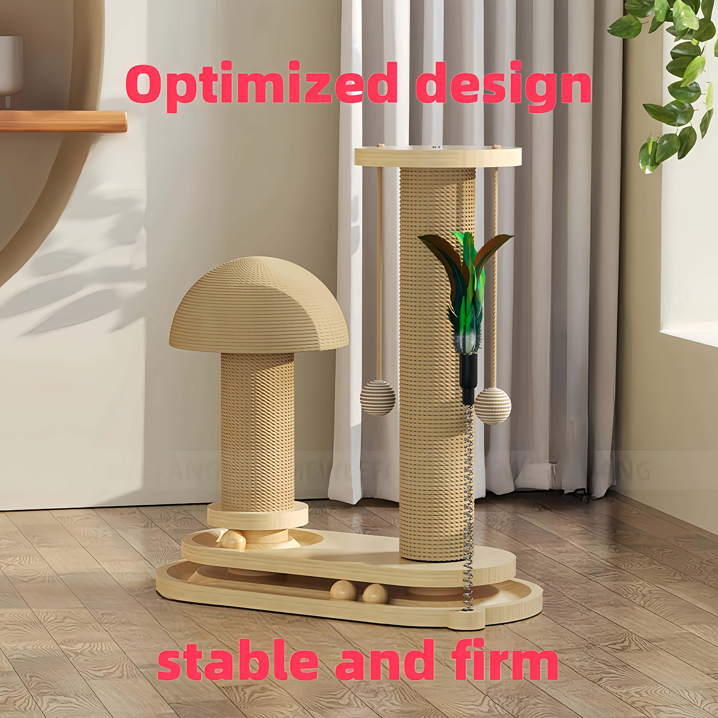 Cat Scratching Post Mushroom Shape – Solid Wood Sisal Scratcher with Wide Stable Base, Claw Maintenance & Climbing for Kittens and Cats, M or L
