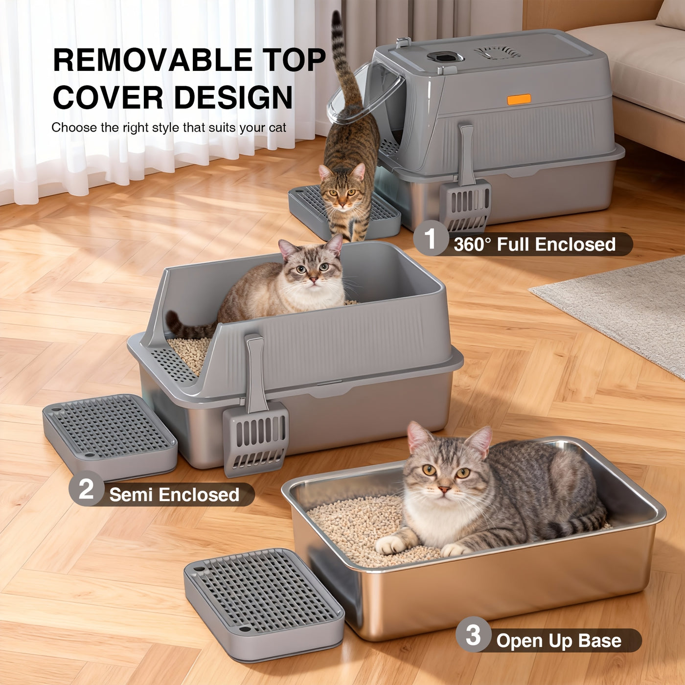 Extra Large Stainless Steel Cat Litter Box with Lid Enclosed Foldable Anti-Splash Indoor Cat Toilet with Front Flap Door Superior Odor Control