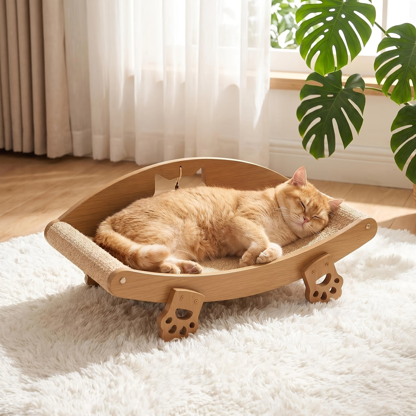 Sisal Cat Scratcher Lounge Chair with Hanging Ball Toy – Solid Wood Curved Cat Bed & Scratching Pad, Furniture Protector for Indoor Cats