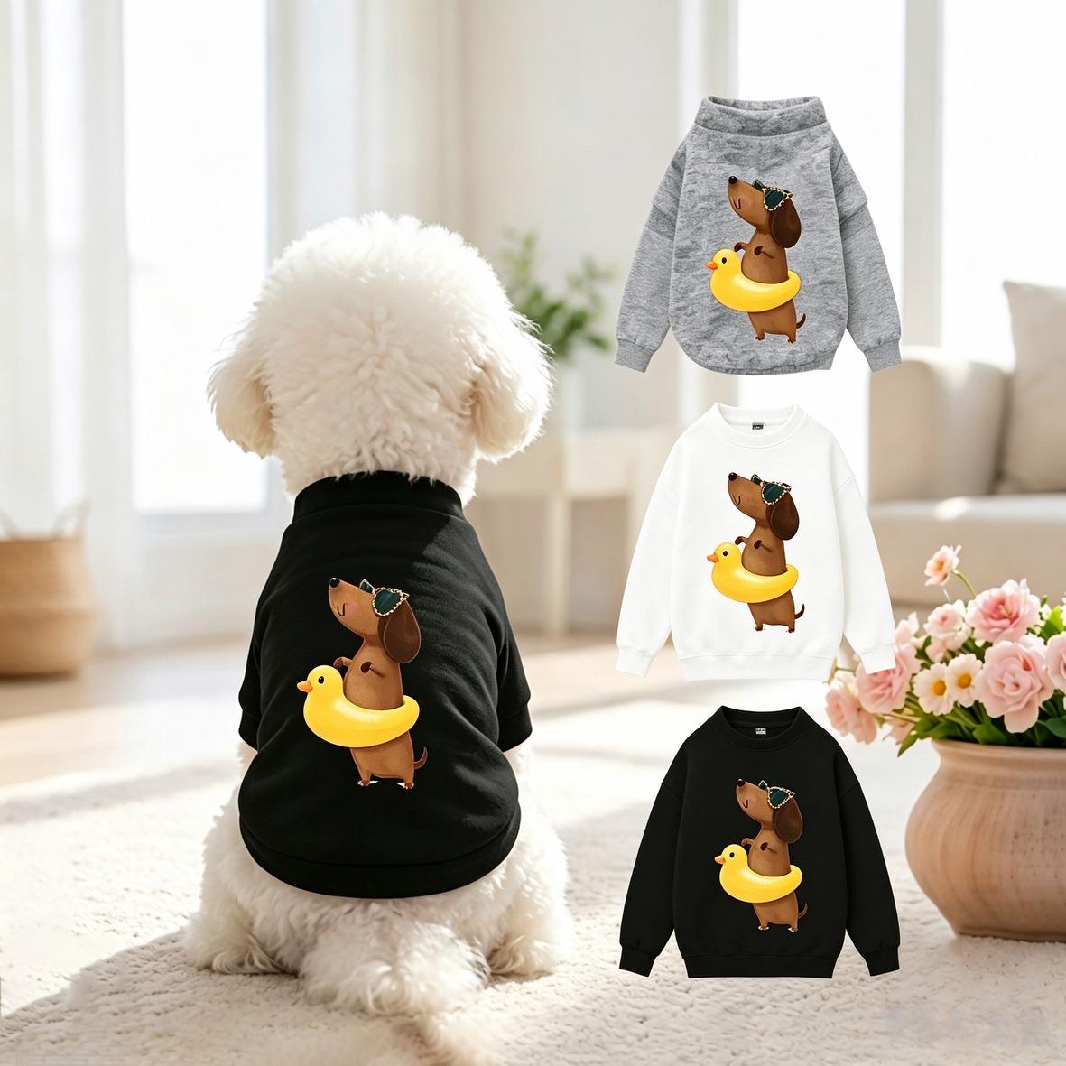 Dog Sweatshirt Cartoon Dachshund Sunglasses & Duck Swim Ring Graphic – Lightweight Soft Pet Pullover for Small Dogs, French Bulldog, Yorkie, Bichon | M & L