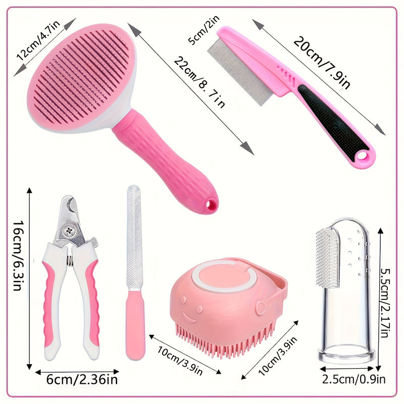 7-in-1 Pet Grooming Kit for Dogs & Cats – Self-Cleaning Slicker Brush, Nail Clippers, Shampoo Bath Brush, Dental Care Set for Puppies & Cats | Pink & Blue, 9pcs