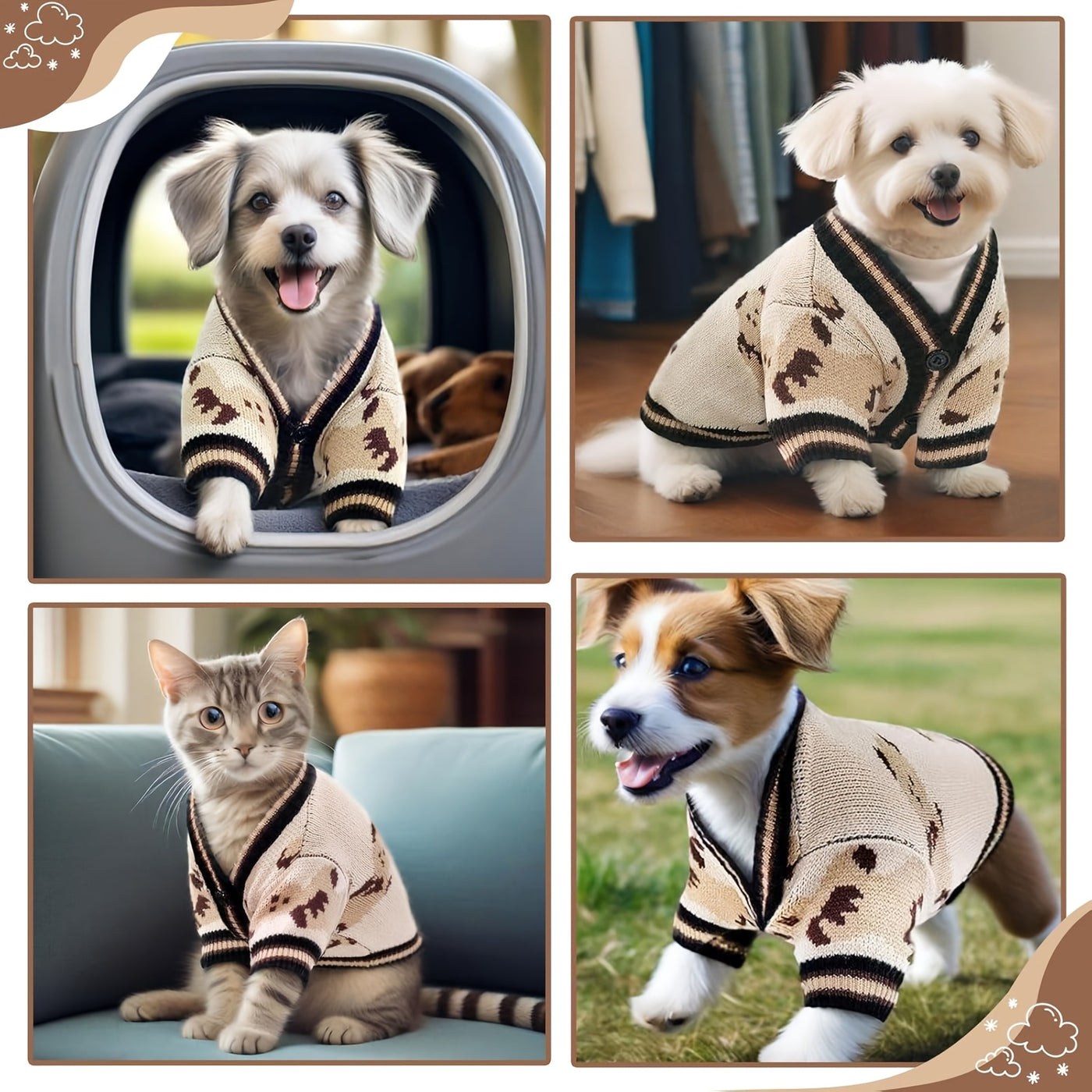 Dog Cardigan Sweater Bear Print with Button Closure – Warm Knitted Fleece-Lined Puppy Shirt, Adjustable Collar, Elastic & Embroidered, Small Breeds Bichon Teddy Schnauzer, Spring Summer