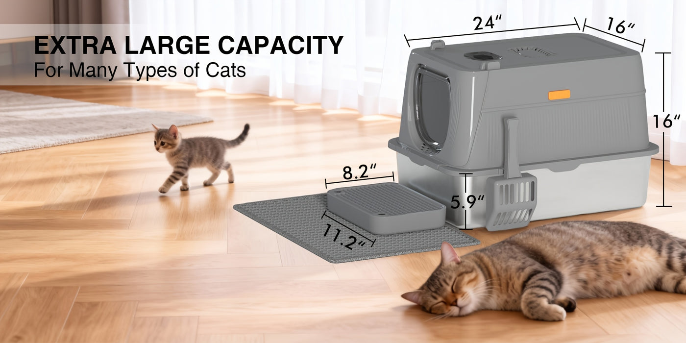 Extra Large Stainless Steel Cat Litter Box with Lid Enclosed Foldable Anti-Splash Indoor Cat Toilet with Front Flap Door Superior Odor Control