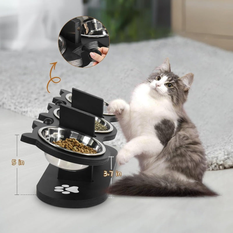 Elevated Cat Bowls 15° Tilted Stainless Steel – Raised Bowl Stand Feeder with Anti-Spill Wooden Base, Set of 2 or 3, for Cats & Small Dogs