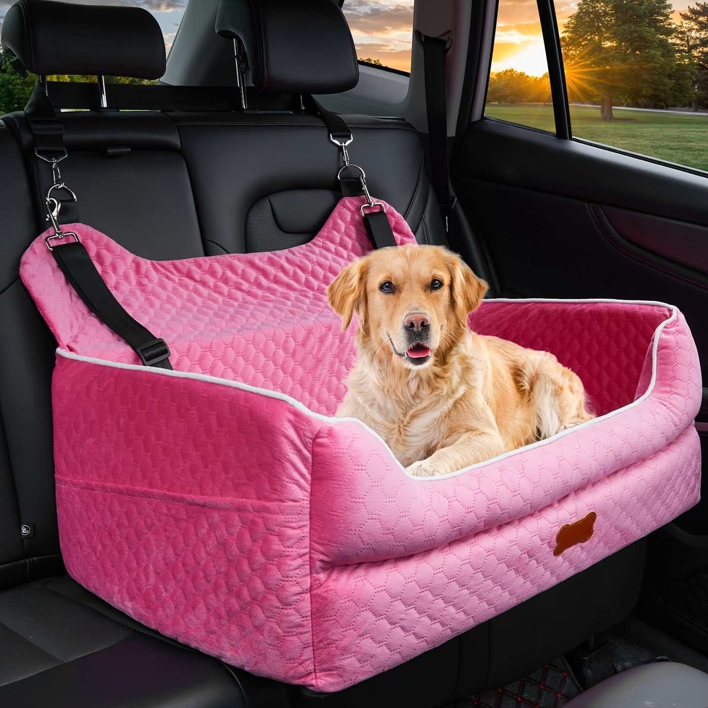 Dog Car Booster Seat for Medium Large Dogs – Washable Pet Car Seat with Thick Cushion, Safety Leash & Removable Cover for Back Seat Travel