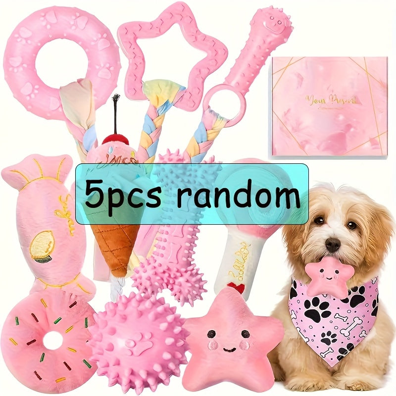 5-Piece Puppy Chew Toy Set for Small Dogs – Non-Toxic TPR & Plush Teeth Cleaning Teething Toys, Durable Interactive Dog Dental Toy Bundle, Pink & Blue