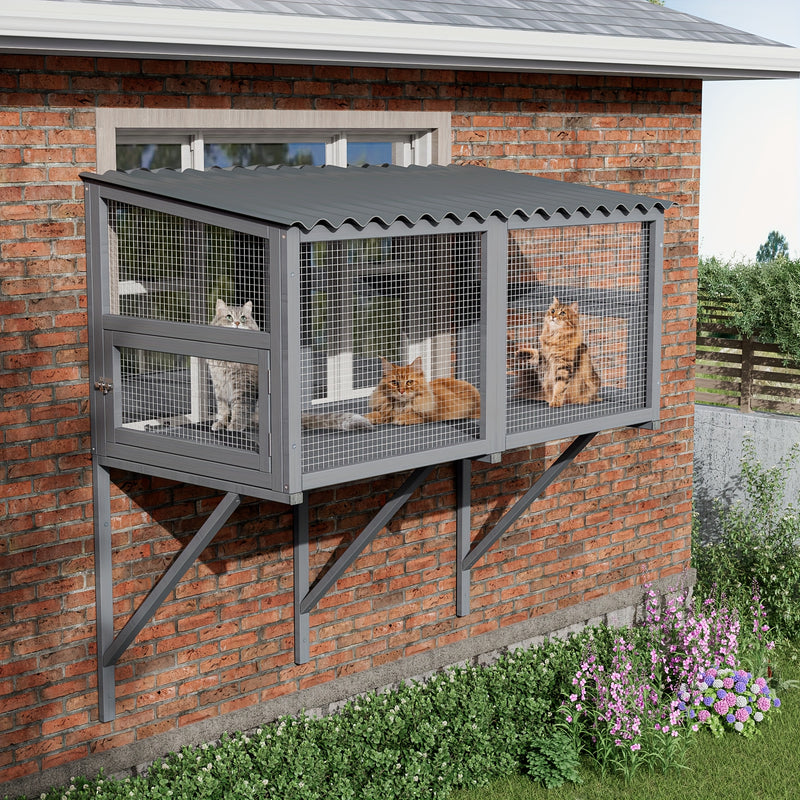Cat Catio Window Perch Outdoor Enclosure for Large Cats - Wooden Window Box Hammock for Indoor Cats Sunbathing & Napping with 360° View, Rain-Proof Roof & Expandable Design