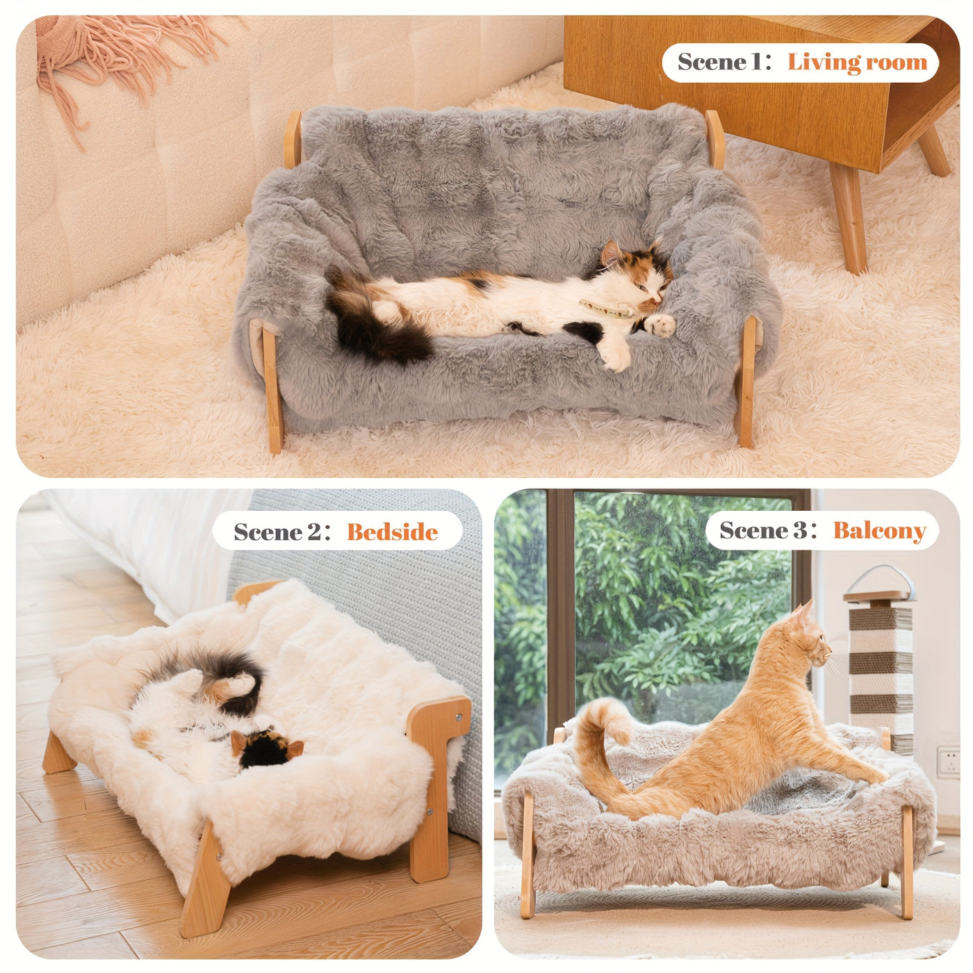 Elevated Pet Sofa Bed - Solid Wood Lounge Chair for Cats & Dogs, Modern Pet Furniture, Replaceable Mattress, Bamboo Mat & Fleece Options, White & Grey