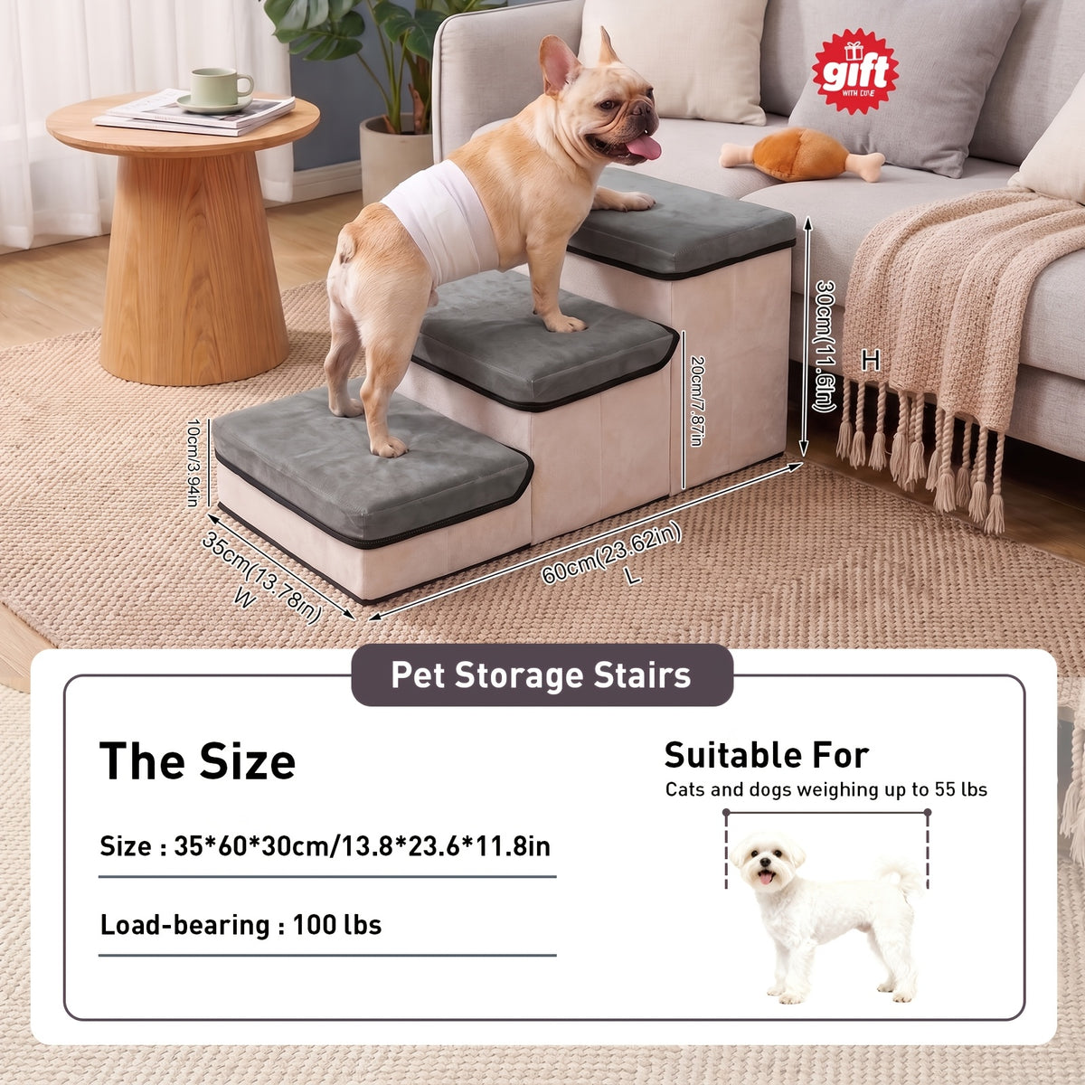 3-Tier Foldable Dog Stairs with Non-Slip Surface – Pet Steps for High Beds & Sofas, Small & Extra-Small Dogs, Nylon Ramp with Plush Chicken Toy, Coffee & Gray