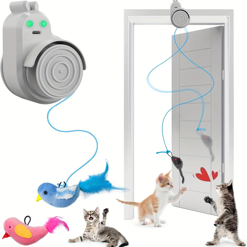 Automatic Electric Flying Bird Feather Cat Toy – Stick-On Hanging Interactive Toy for Indoor Cats & Kittens, Electric Kitty Enrichment Toy for Bored Cats, Grey Blue White
