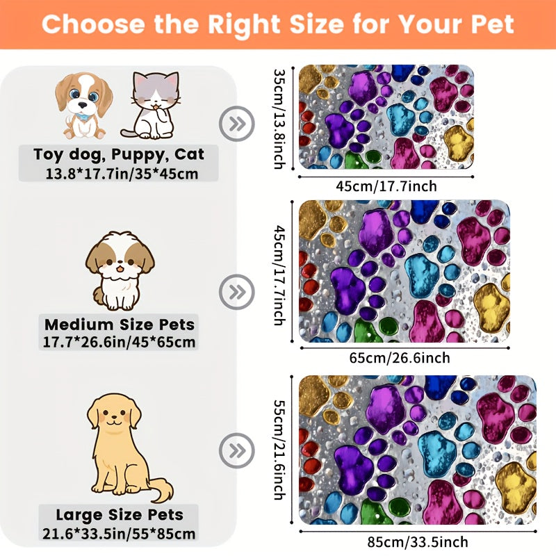 Pet Feeding Mat Absorbent Splash-Proof Non-Slip – Quick-Dry Heavy-Duty Floor Protector for Dogs & Cats, Colorful Paw Pattern, S/M/L/XL