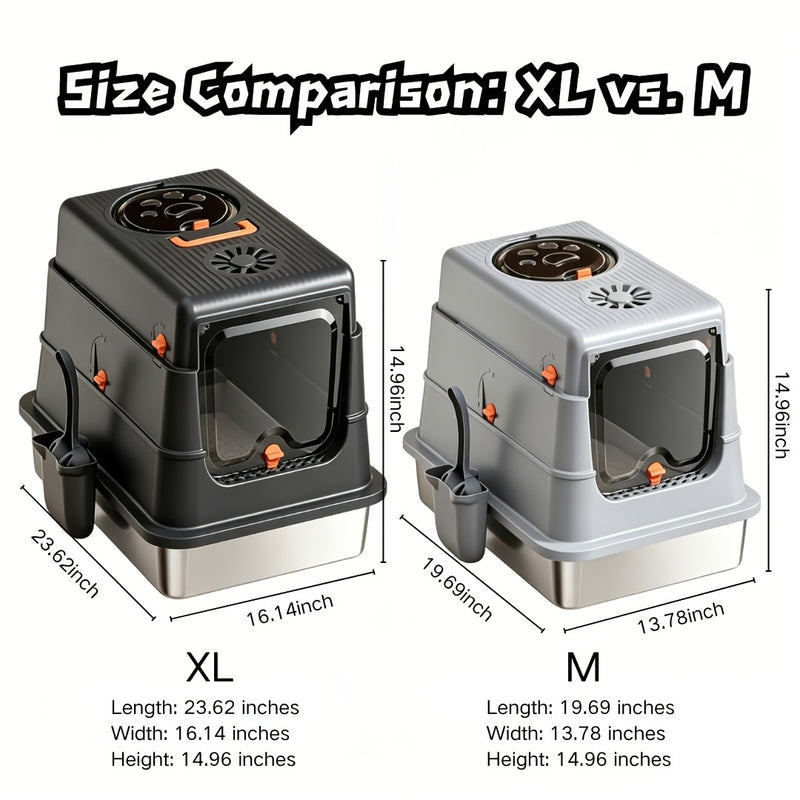 Stainless Steel Cat Litter Box XL Enclosed Odor-Proof with Scoop Step Pedal & Carbon Deodorizer for Large Cats