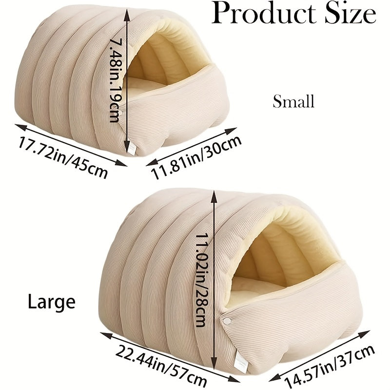 Cat Cave Bed for Indoor Cats – Cozy Cave-Style Tent with Removable Cushion, Warm Sleeping Bag Nest for Cats & Small Dogs, Autumn & Winter Pet Bed in Beige, Green & Purple