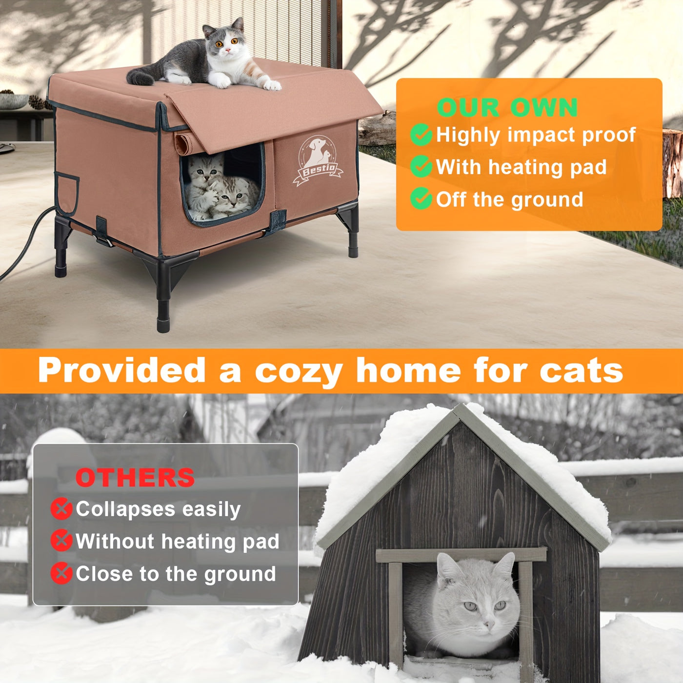 Heated Cat House Outdoor Indoor 3-in-1 with Removable Warming Pad - Elevated Cat Shelter, Chew-Resistant Cord, All-Season Cat Cave for Cats Kittens Small Dogs, Small & Large Sizes