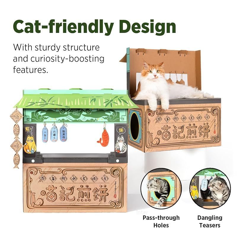 Cardboard Cat House with Scratchers – Pancake Shop Design Large Sturdy Cat Furniture Condo Cave Tent, Easy to Assemble for Indoor Cats & Small Animals
