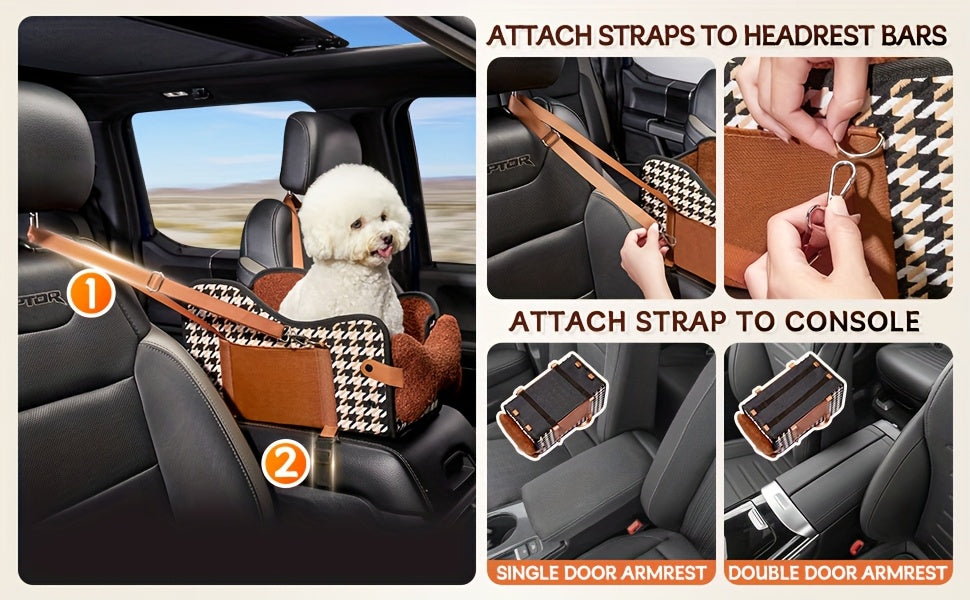 Center Console Dog Car Seat Booster – Portable Cozy Pet Car Seat for Small Dogs & Cats with Breathable Mesh Safety Harness Soft Padding, Universal Armrest Fit