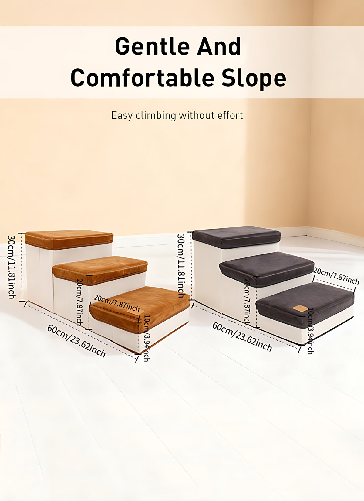 3-Tier Foldable Dog Stairs with Non-Slip Surface – Pet Steps for High Beds & Sofas, Small & Extra-Small Dogs, Nylon Ramp with Plush Chicken Toy, Coffee & Gray