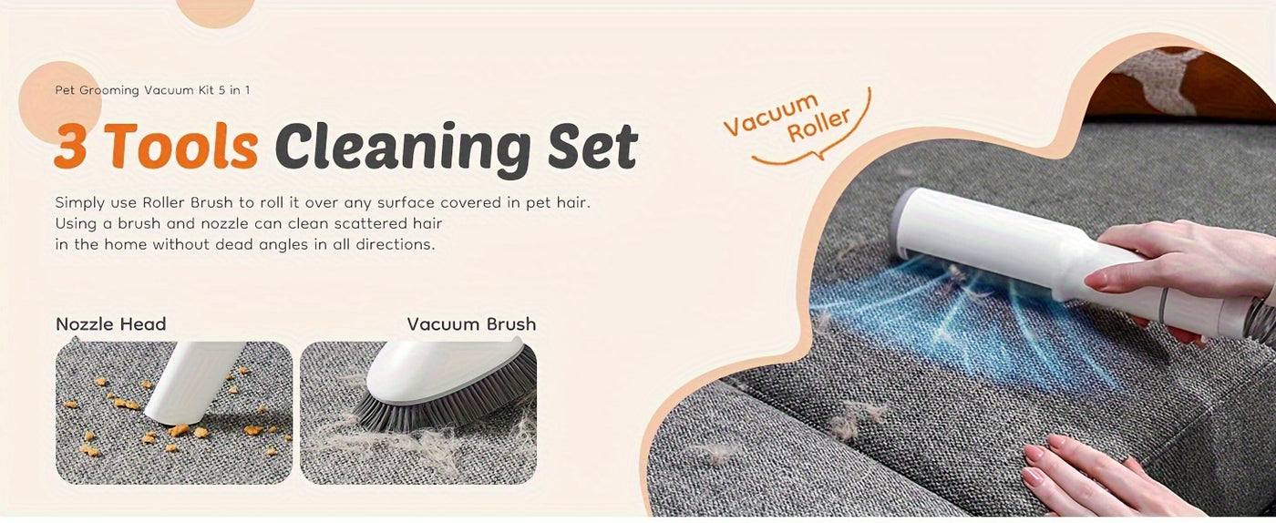 Pet Grooming Vacuum Kit 5-in-1 – Dog & Cat Hair Clipper with 99% Suction Vacuum, 6 Guide Combs, Professional Low-Noise Grooming Tools for Dogs Cats, White Grey & White Blue