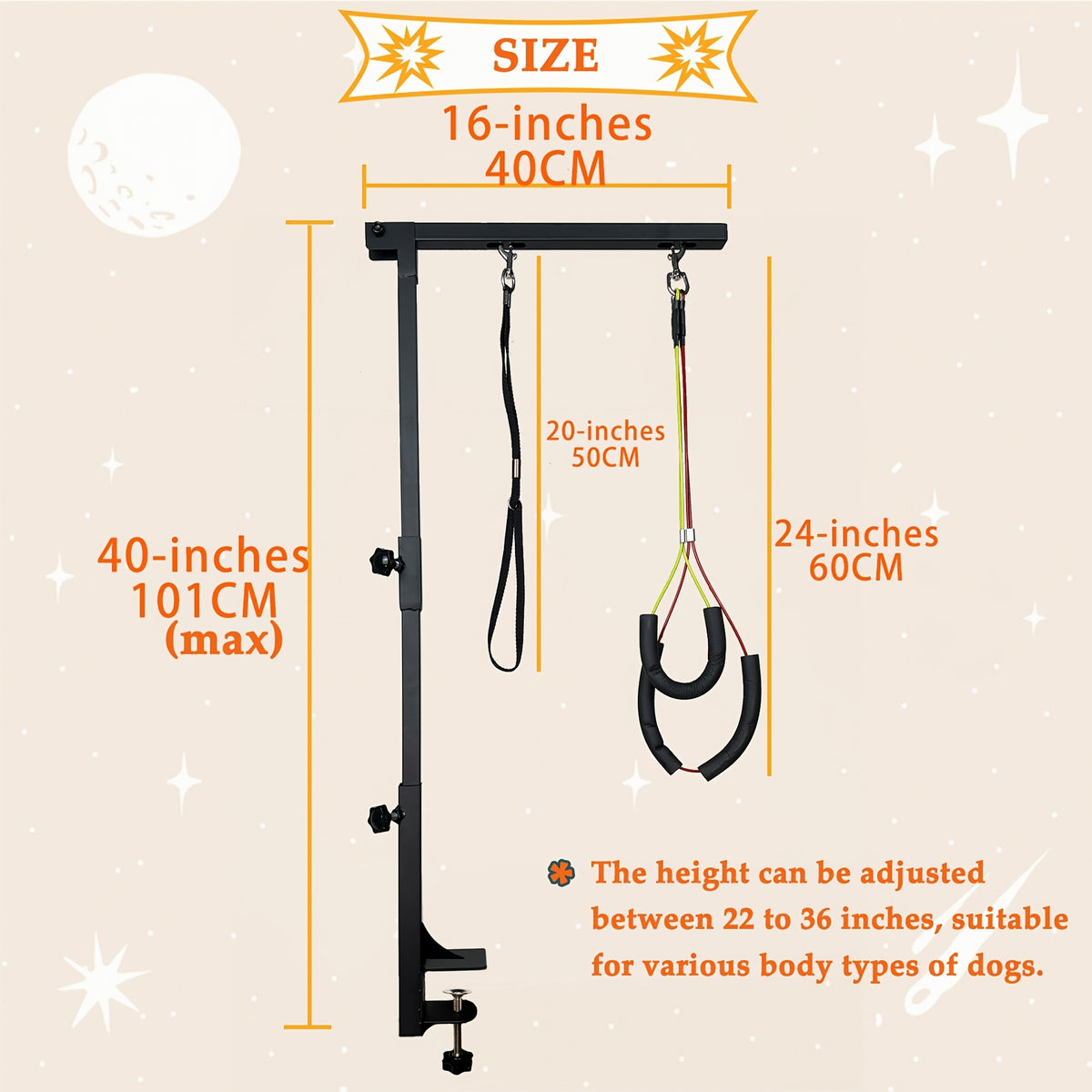 36" Adjustable Dog Grooming Arm with Clamp – No-Sit Haunch Holder, 3-Section Iron Grooming Restraint for Small & Medium Dogs and Cats, Includes Positioning Ropes