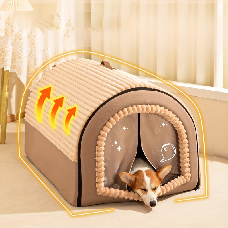 2-in-1 Foldable Indoor Dog House & Pet Tent Cave Bed - Soft Fluffy Washable Cushion Mat with Lid, All-Season Privacy Warm Bed for Small Medium Large Dogs Cats