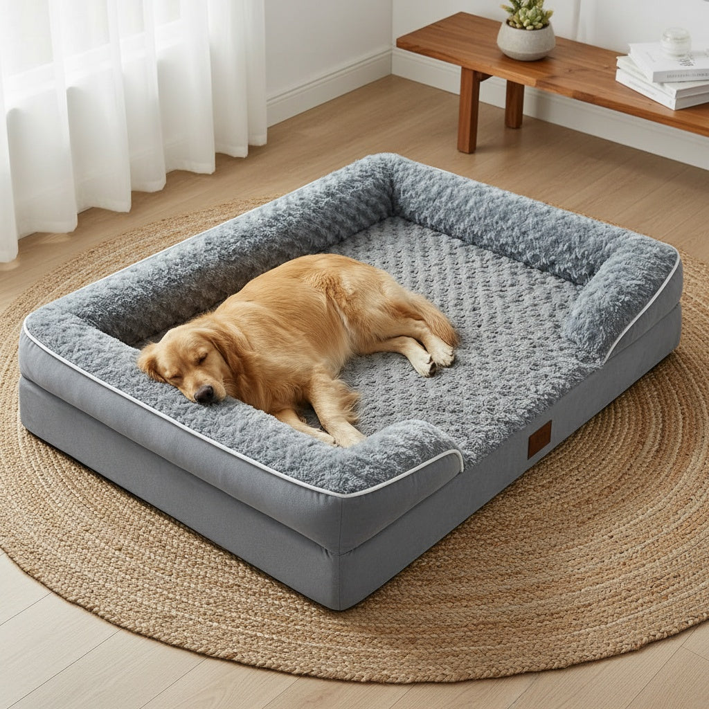 Orthopedic C-Shape Dog Sofa Bed for Extra Large Dogs – 3.5" Bolster, Plush Washable Removable Cover & Nonslip Bottom, Gray