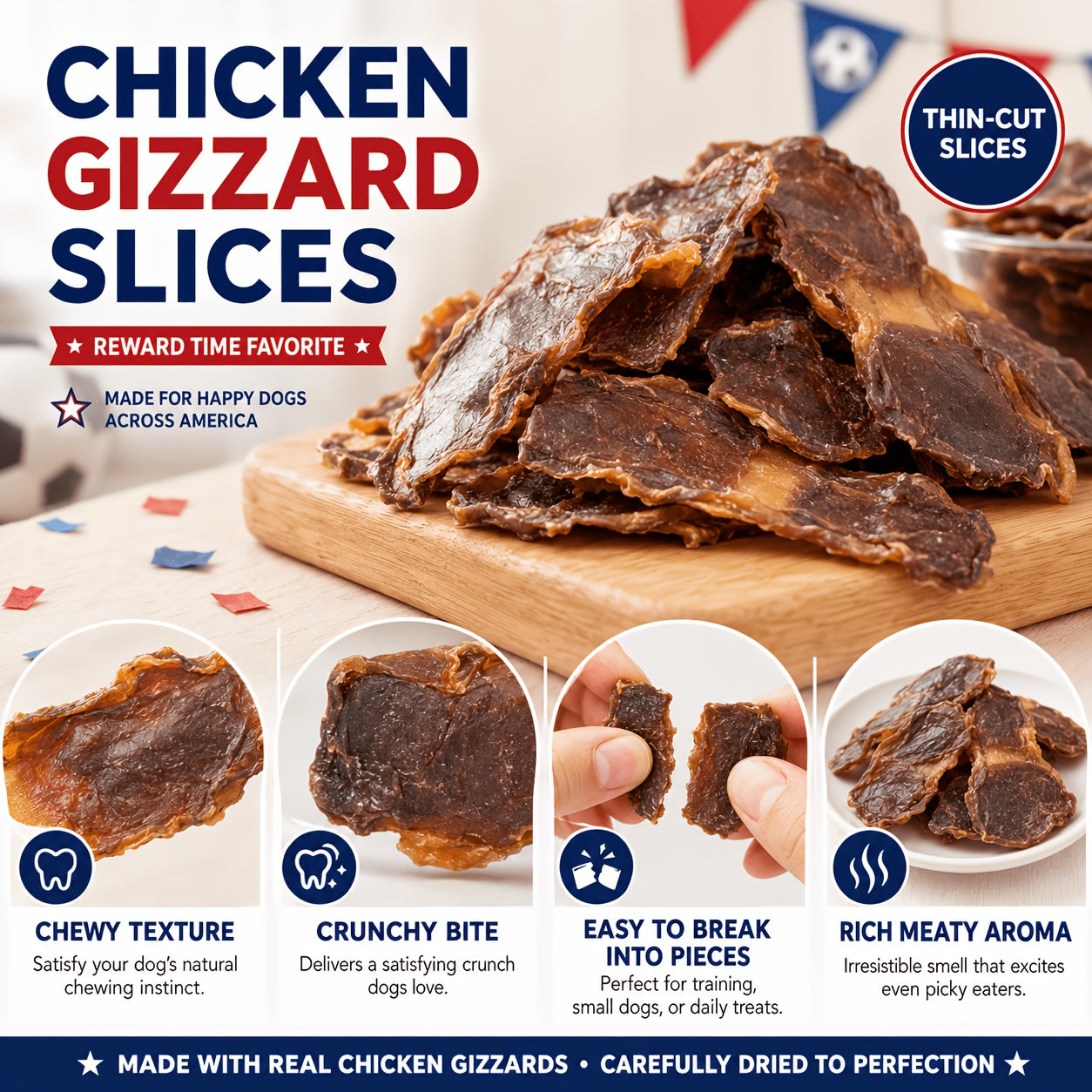 Chicken Gizzard Jerky Dog Treats – Chewy Sliced Chicken Snacks for Training, Travel & Everyday Rewards, High Protein Natural Dog Treats for All Breeds