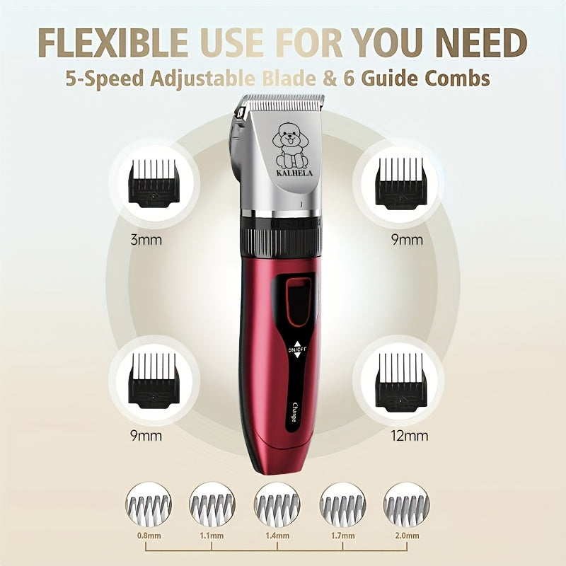 Rechargeable Pet Grooming Clippers with LED Display – Low Noise Cordless Dog & Cat Hair Trimmer, Detachable Blades, 4 Guide Combs, USB Charging