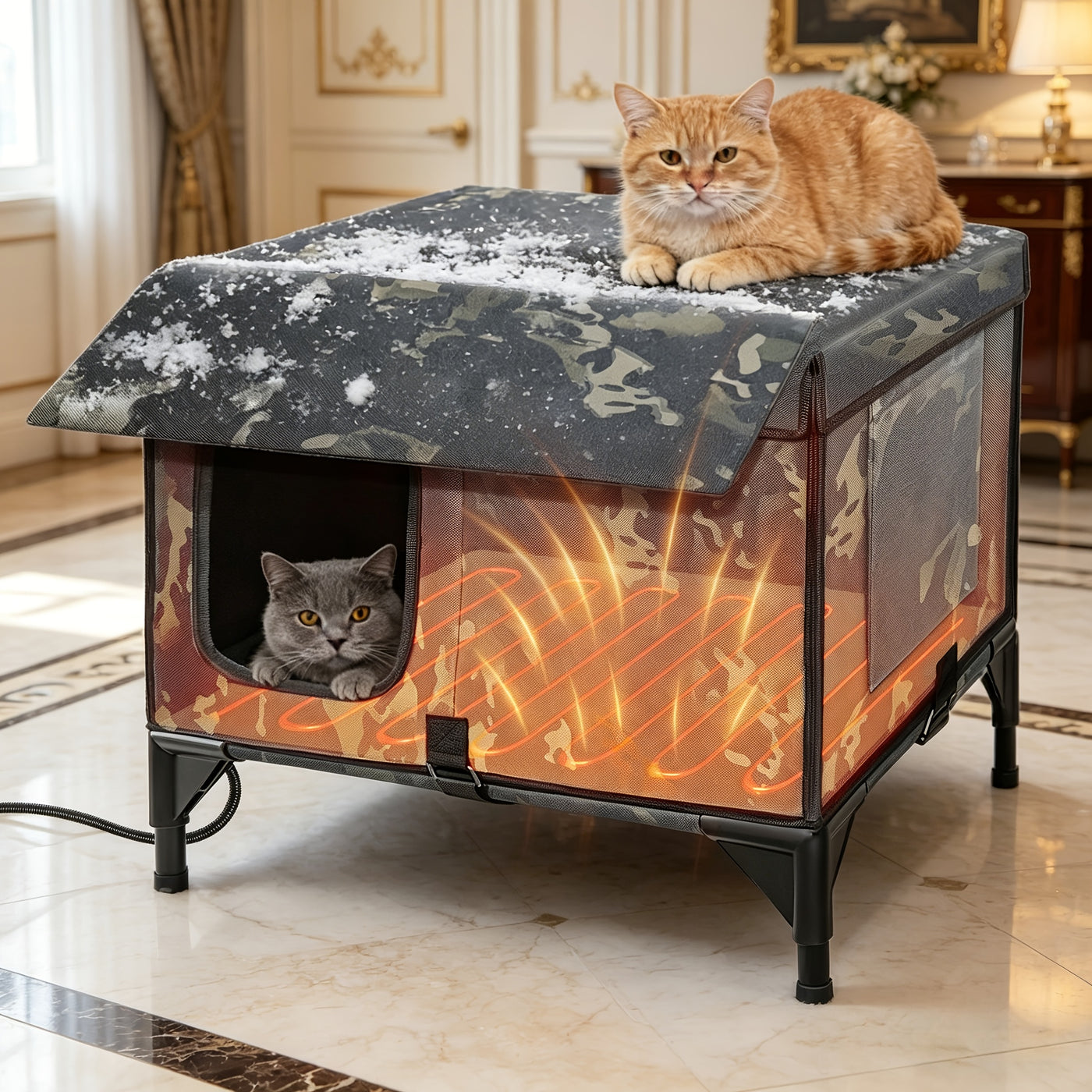 Heated Cat House Outdoor Indoor 3-in-1 with Removable Warming Pad - Elevated Cat Shelter, Chew-Resistant Cord, All-Season Cat Cave for Cats Kittens Small Dogs, Small & Large Sizes