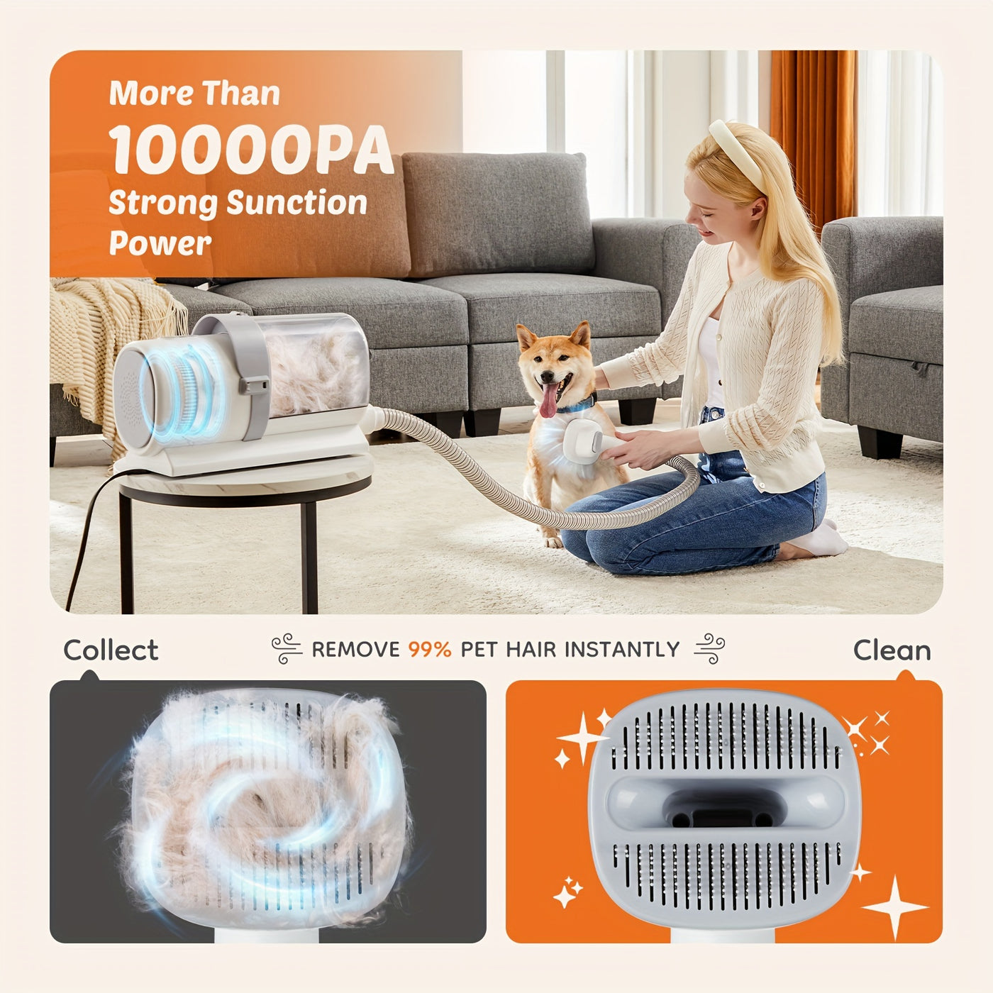 Pet Grooming Vacuum Kit 5-in-1 – Dog & Cat Hair Clipper with 99% Suction Vacuum, 6 Guide Combs, Professional Low-Noise Grooming Tools for Dogs Cats, White Grey & White Blue