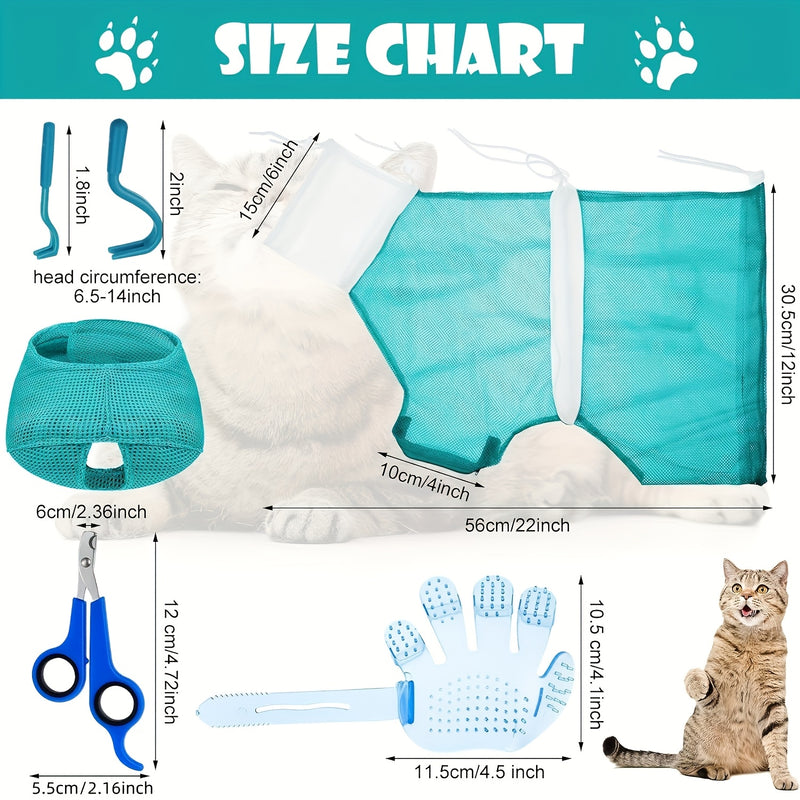 Cat Grooming Kit 5-Piece Set – Bathing Bag, Anti-Bite Muzzle, Nail Clippers, Tick Remover & Massage Brush, Complete Home Grooming Supplies for Safe Gentle Cat Care