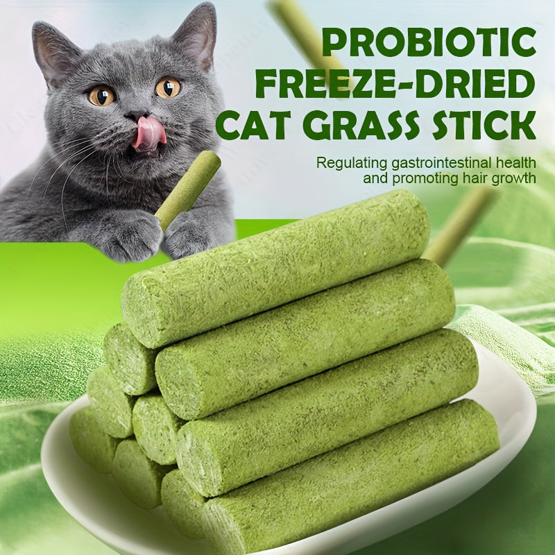 Cat Grass Sticks for Hairball Control – Freeze-Dried Catnip Treats with Instant Granules & Hair Cream Tablets for Indoor Cats | 15pcs / 3x5pcs Pack