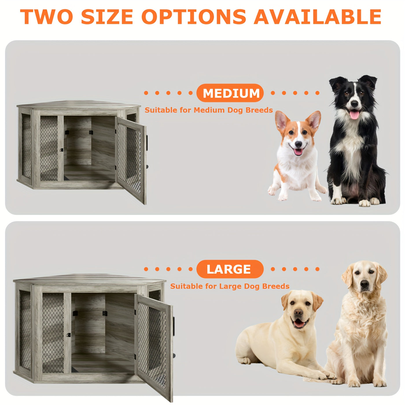 Wooden Dog Crate Furniture End Table with Mesh Door – Indoor Pet Kennel Side Table for Small Medium Dogs, 2 Sizes Brown Grey White