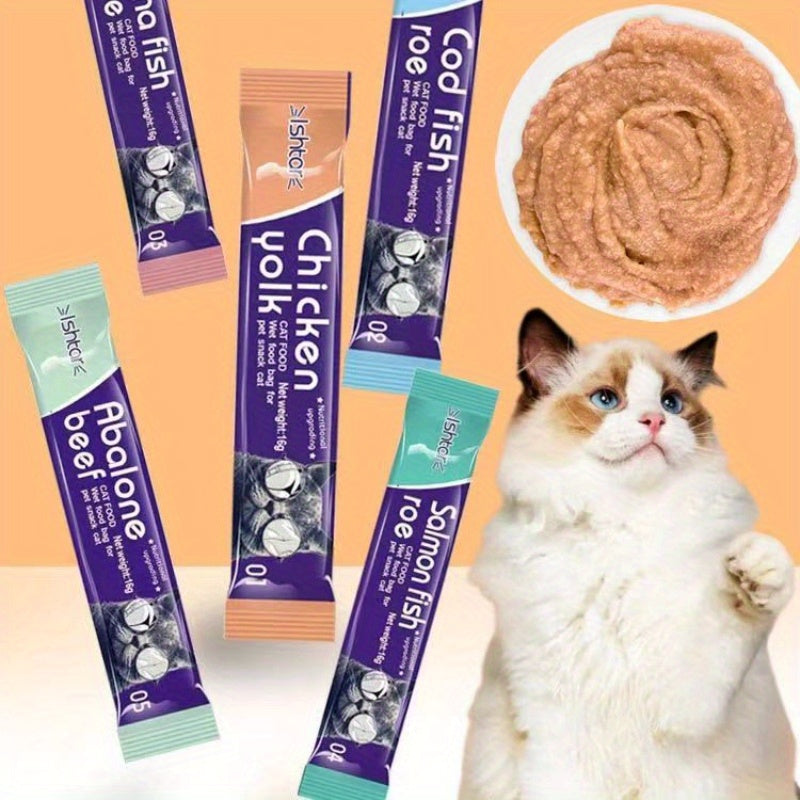 Cat Nutritional Wet Food Strips 100pcs – 5 Mixed Flavors Soft Moist Snacks for Adult Cats, Supports Weight Gain & Healthy Coat