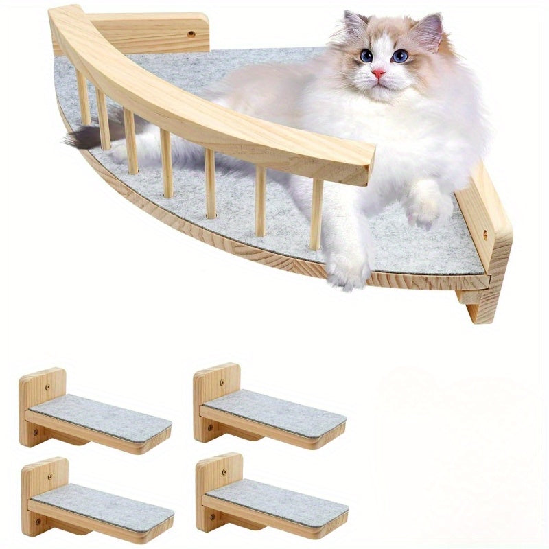 Wall Mounted Cat Shelves 5-Piece Set with Climbing Steps & Felt Pads – Cat Wall Furniture Hammock Rack, Holds 20 lbs, Black or White Wood