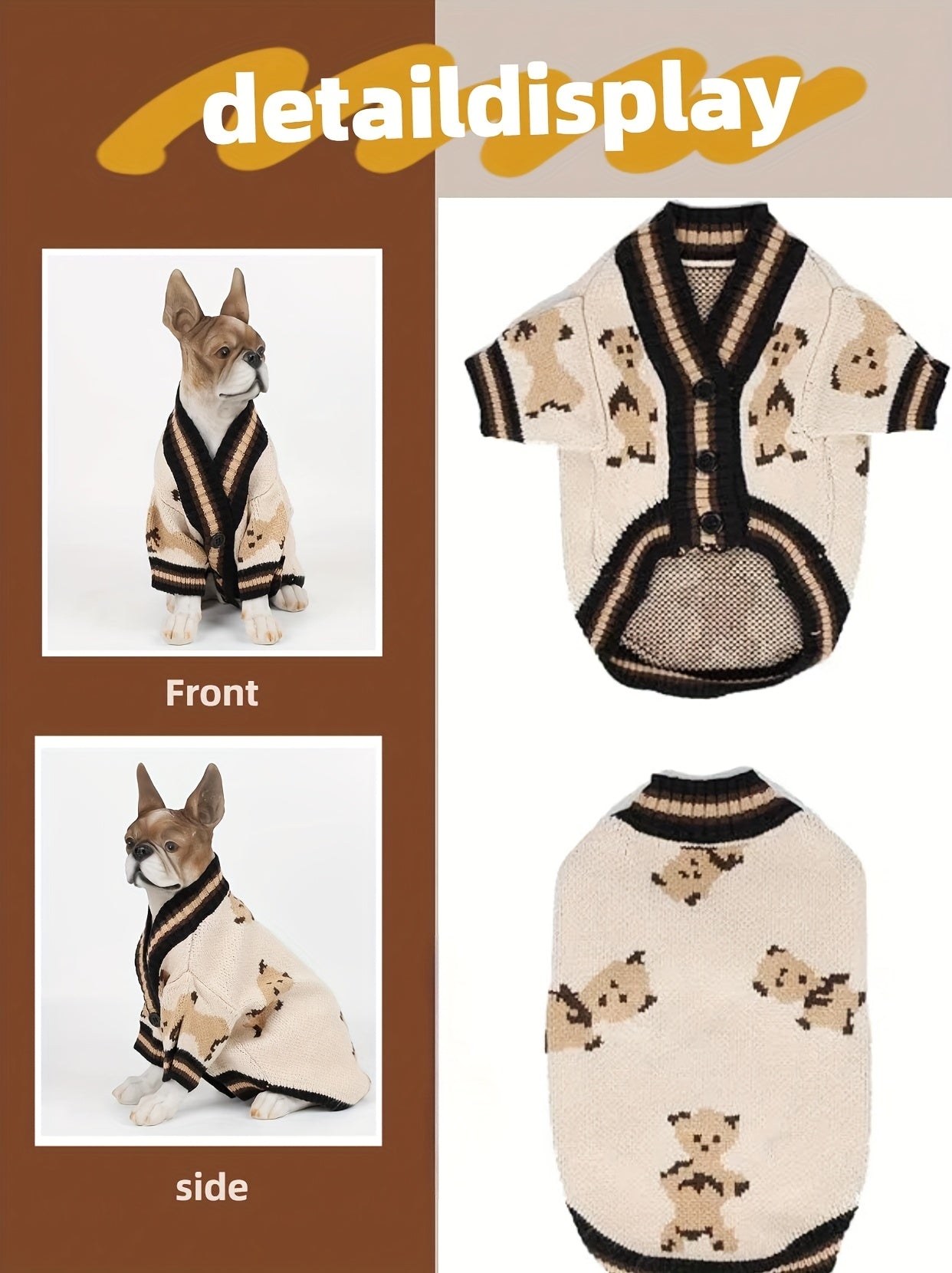 Dog Cardigan Sweater Bear Print with Button Closure – Warm Knitted Fleece-Lined Puppy Shirt, Adjustable Collar, Elastic & Embroidered, Small Breeds Bichon Teddy Schnauzer, Spring Summer