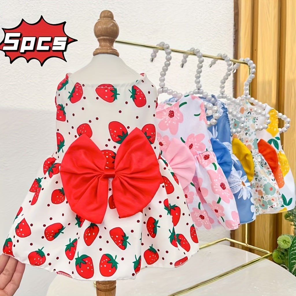 Girl Dog Dress Set of 5 Cute Styles – Floral Princess Bow Puppy Dresses for Small Dogs & Cats, Soft Polyester Press Buckle Pet Costume for Yorkshire Mini Toy Breeds, All Seasons