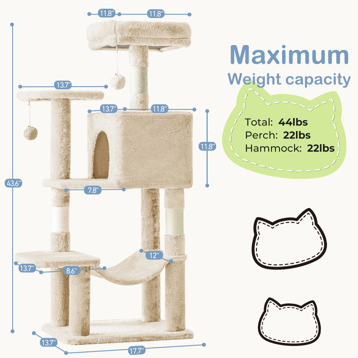 44-Inch Large Cat Tree Tower with Condo, Hammock & Sisal Scratching Posts – Multi-Level Indoor Cat House for Multiple Cats