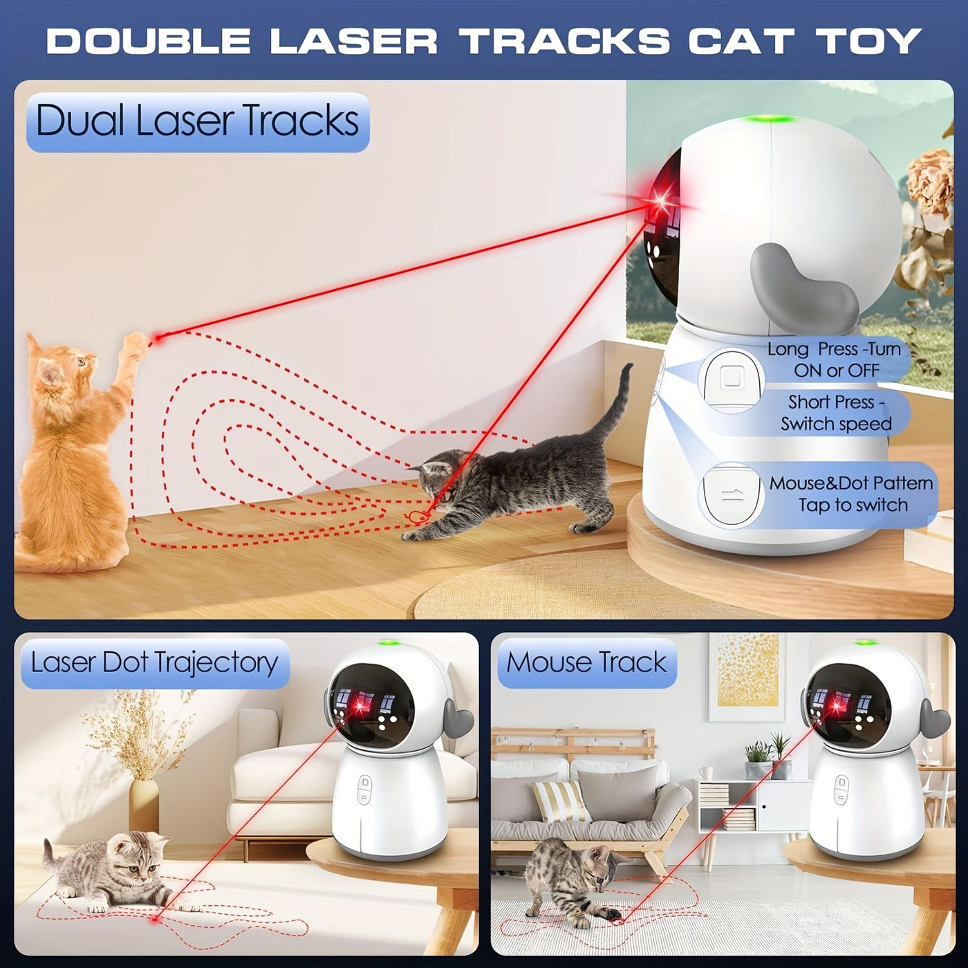 Automatic Cat Laser Toy with Dual Laser & Motion Sensor – Rechargeable Interactive Toy, 3 Speed Modes, Adjustable Head, Indoor Cats & Kittens