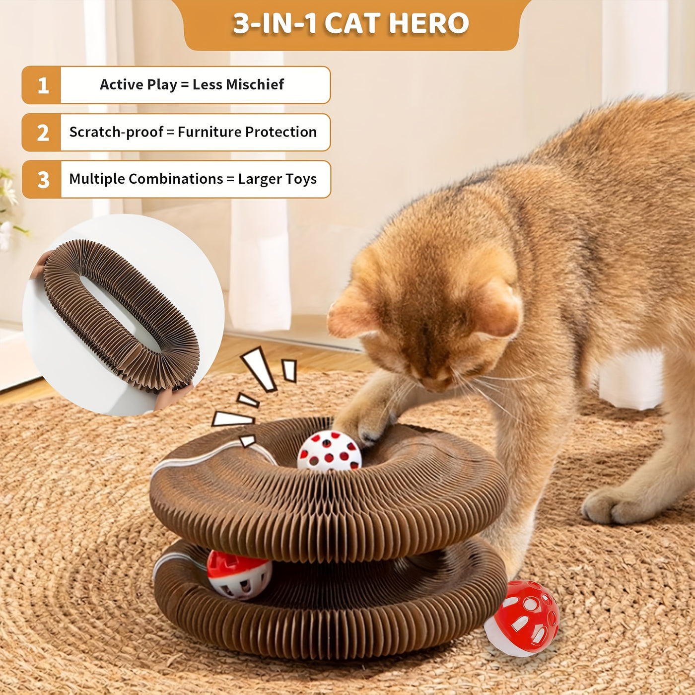 Magic Organ Cat Scratching Board with Ball Track & Bells – Foldable Cardboard Interactive Cat Scratcher Toy, 1 or 2 Pack