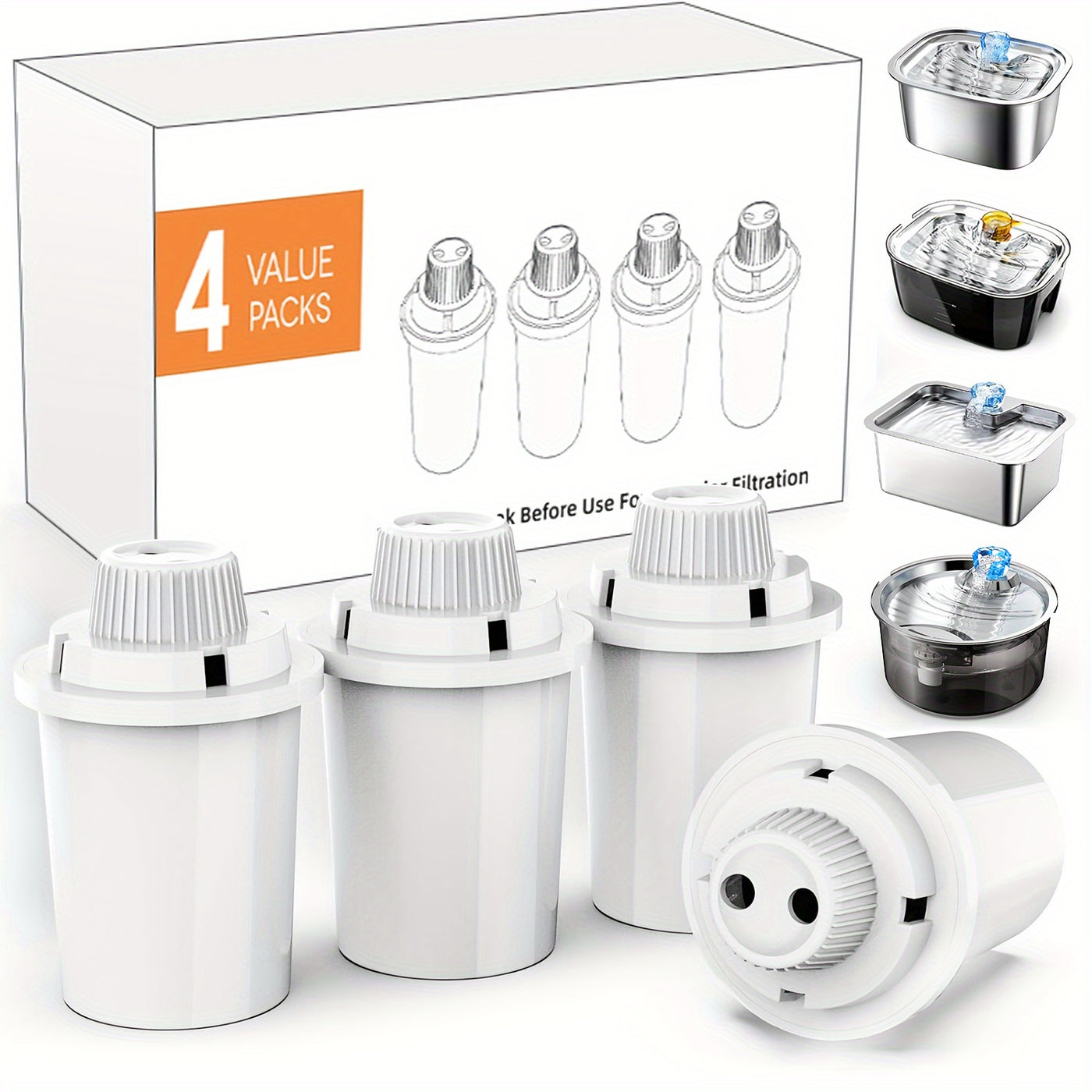 Pet Fountain Replacement Filters 4-Pack 7-Layer Filtration for Large Dog Drinking Fountain & 3-Gallon Stainless Steel Cat Fountain