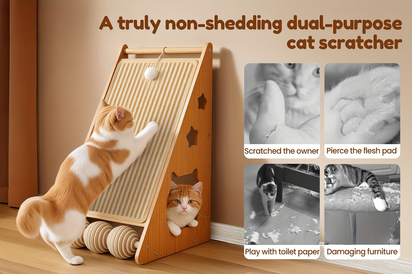27-Inch Sisal Cat Scratching Board with Paw Pads & 3 Teaser Balls – Wear-Resistant Furniture Protector Scratcher for Indoor Cats