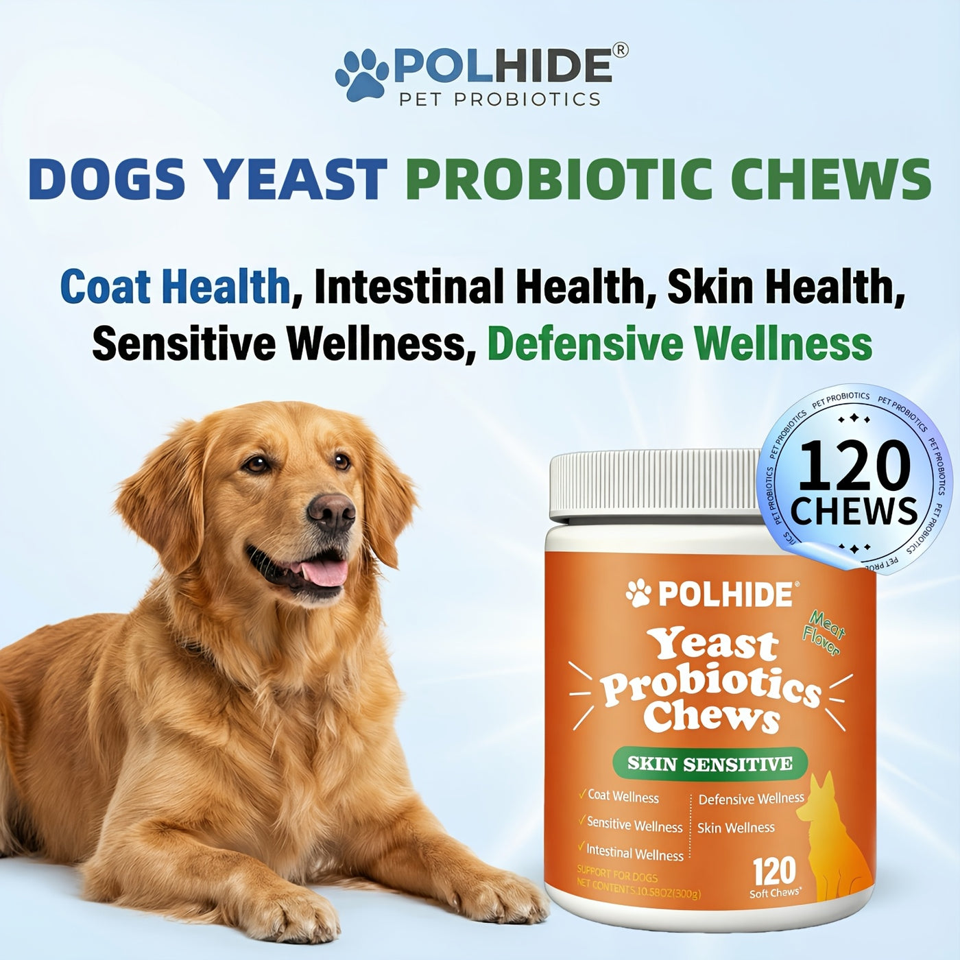 Yeast Probiotic Chews for Dogs – 90-Day Supply, 120 Meat Flavor Soft Chews, Supports Coat & Gut Health, Sensitive Skin & Defensive Wellness, All Ages