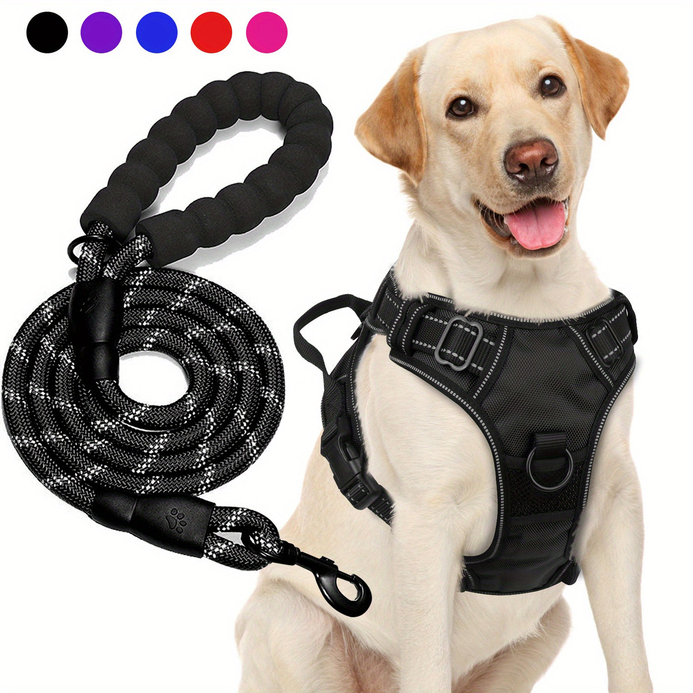 No-Pull Dog Harness & Free 5-Foot Leash Set - Adjustable Reflective Oxford Vest with Foam Handle, Easy Control for Medium Large Dogs S-XL, Black Purple Blue Red Rose Red