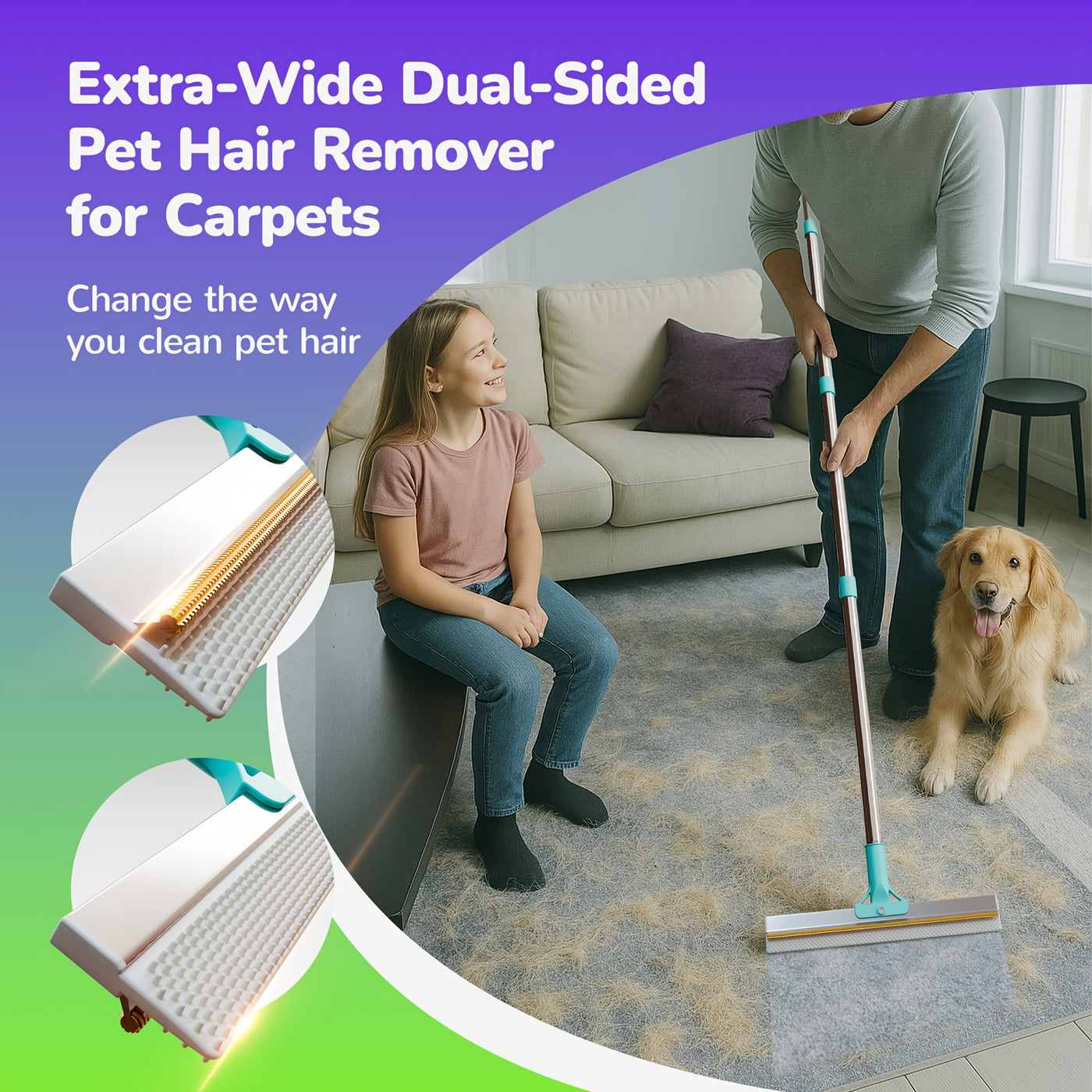 Pet Hair Remover Carpet Rake – Dog & Cat Hair Removal Tool with 51in Handle for Rugs, Upholstery & Stairs, Deep Cleaning Fur Rake for Home