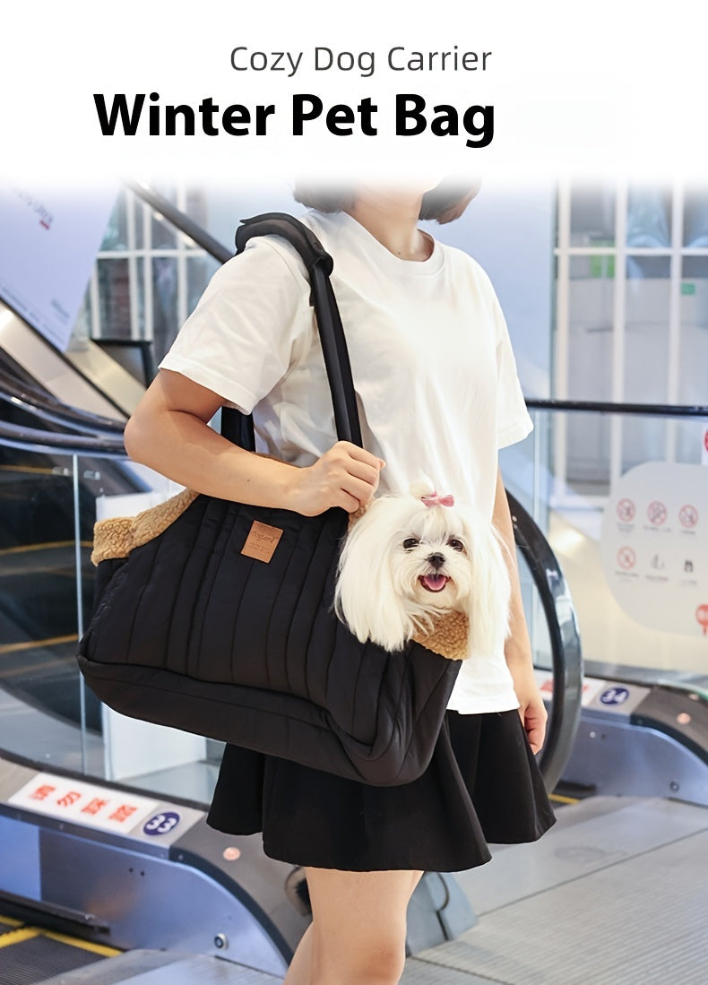 Winter Pet Carrier Handbag Open Top – Cozy Snap Closure Small Dog & Cat Tote Bag for Cold Weather Outdoor Activities, Dark Blue Grey Green Beige